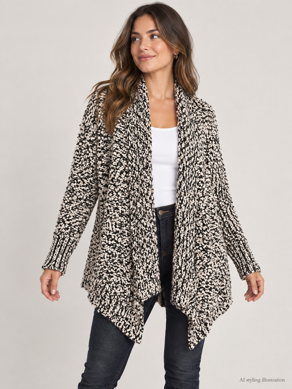 ASTR Black Ivory Marled Boucle Open Front Cardigan Small